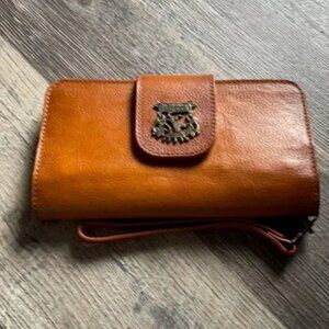 RARE PRATESI FIRENZE COGNAC LEATHER STUDDED LONG WALLET STRAP WRISTLET BAG